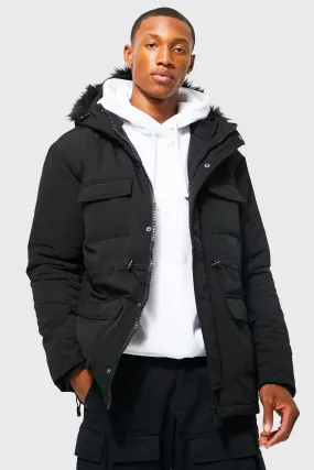 4 Pocket Faux Fur Trim Parka