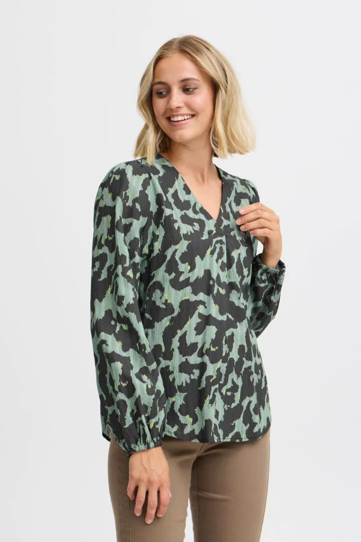 4115- Long Sleeve V Neck Blouse- Green Mix- Fransa