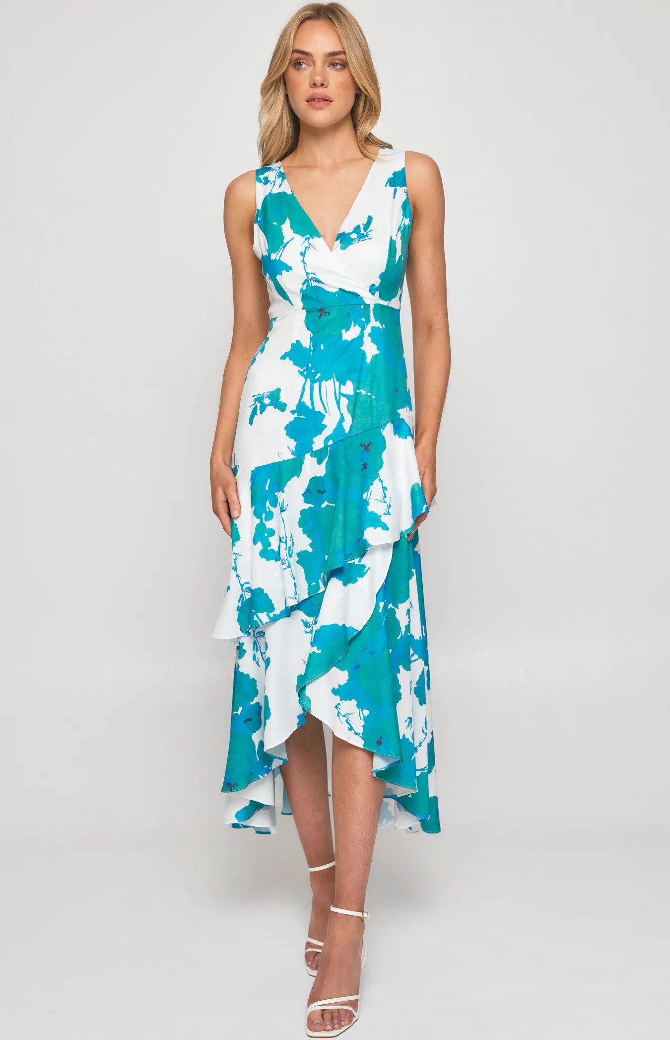 Abstract Floral Dress with Layered Waterfall Hem (SDR565-3A)