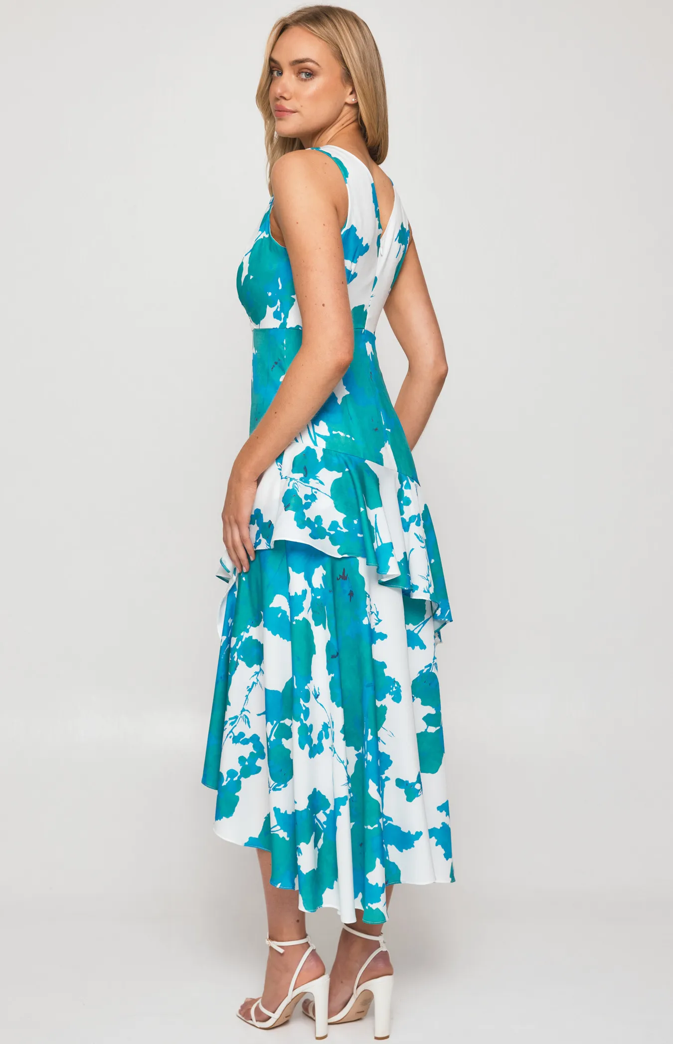 Abstract Floral Dress with Layered Waterfall Hem (SDR565-3A)