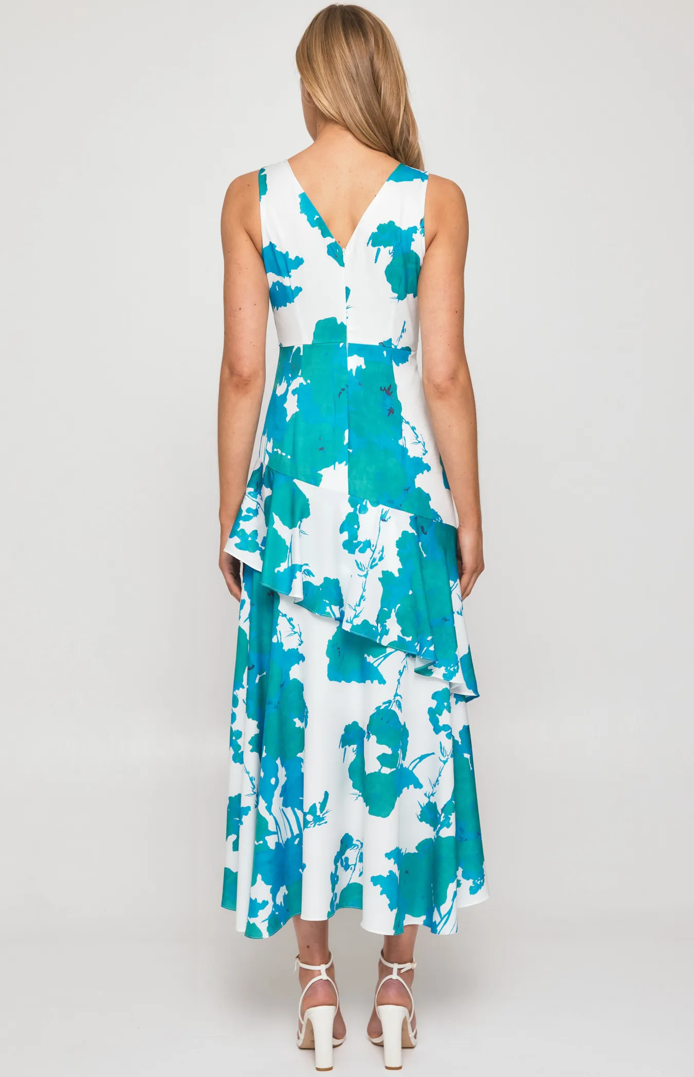 Abstract Floral Dress with Layered Waterfall Hem (SDR565-3A)