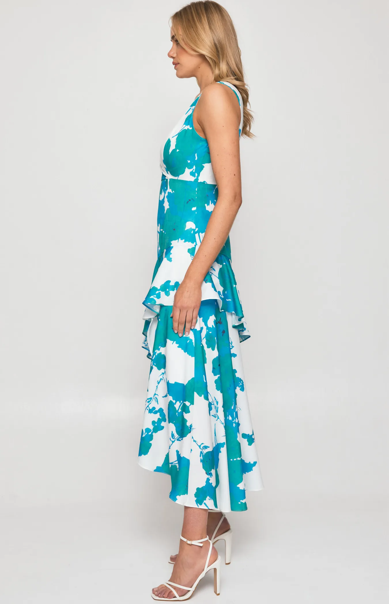 Abstract Floral Dress with Layered Waterfall Hem (SDR565-3A)