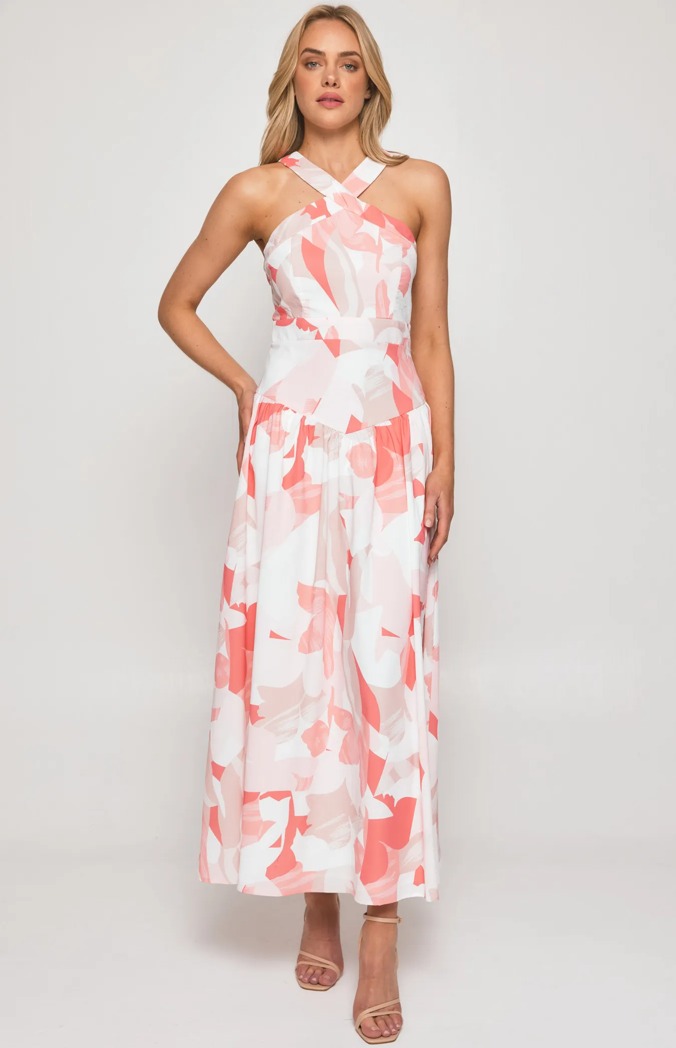 Abstract Print Halter Neckline Midi Dress with V Seam Detail (SDR1341B)