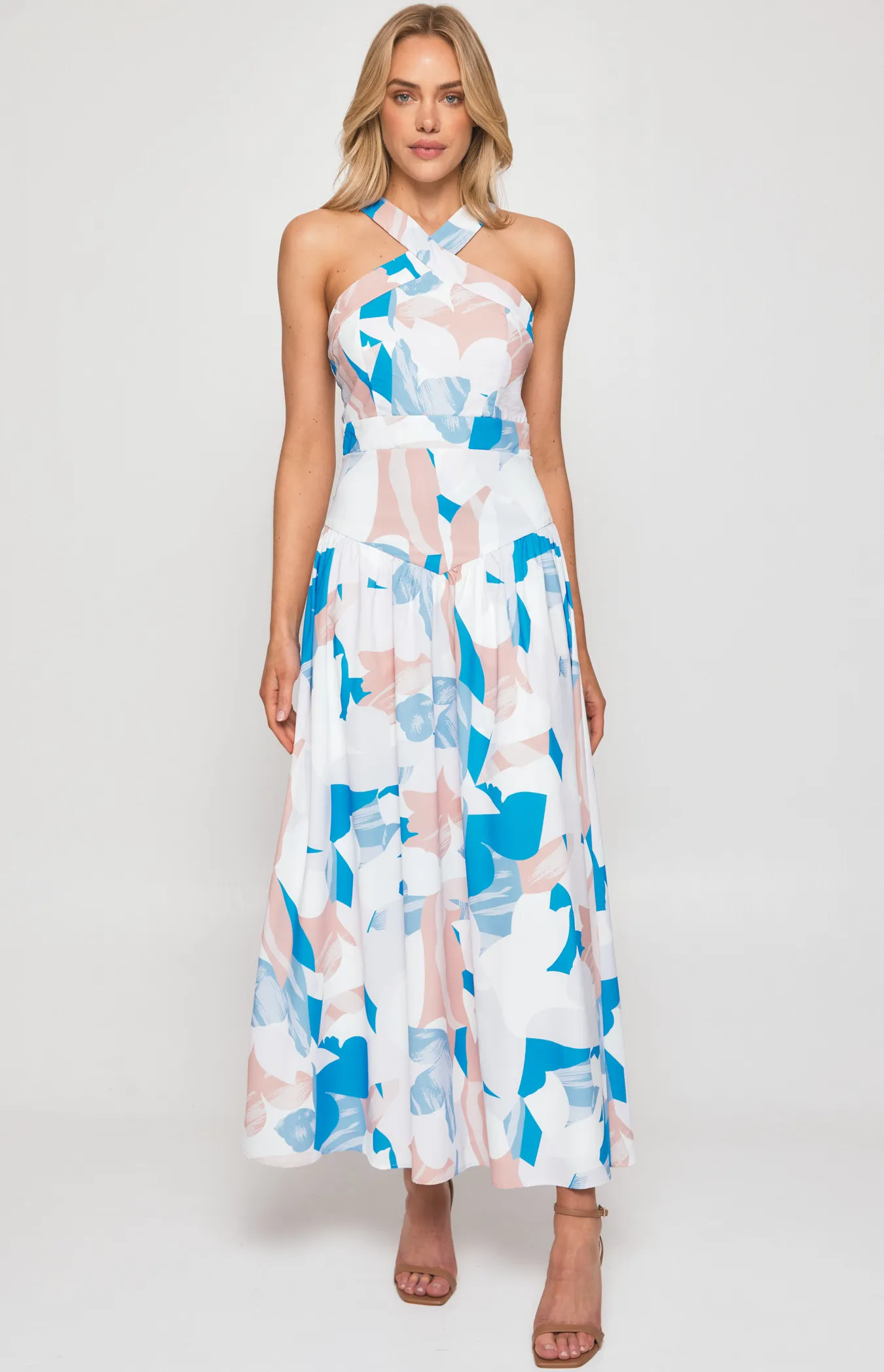 Abstract Print Halter Neckline Midi Dress with V Seam Detail (SDR1341B)