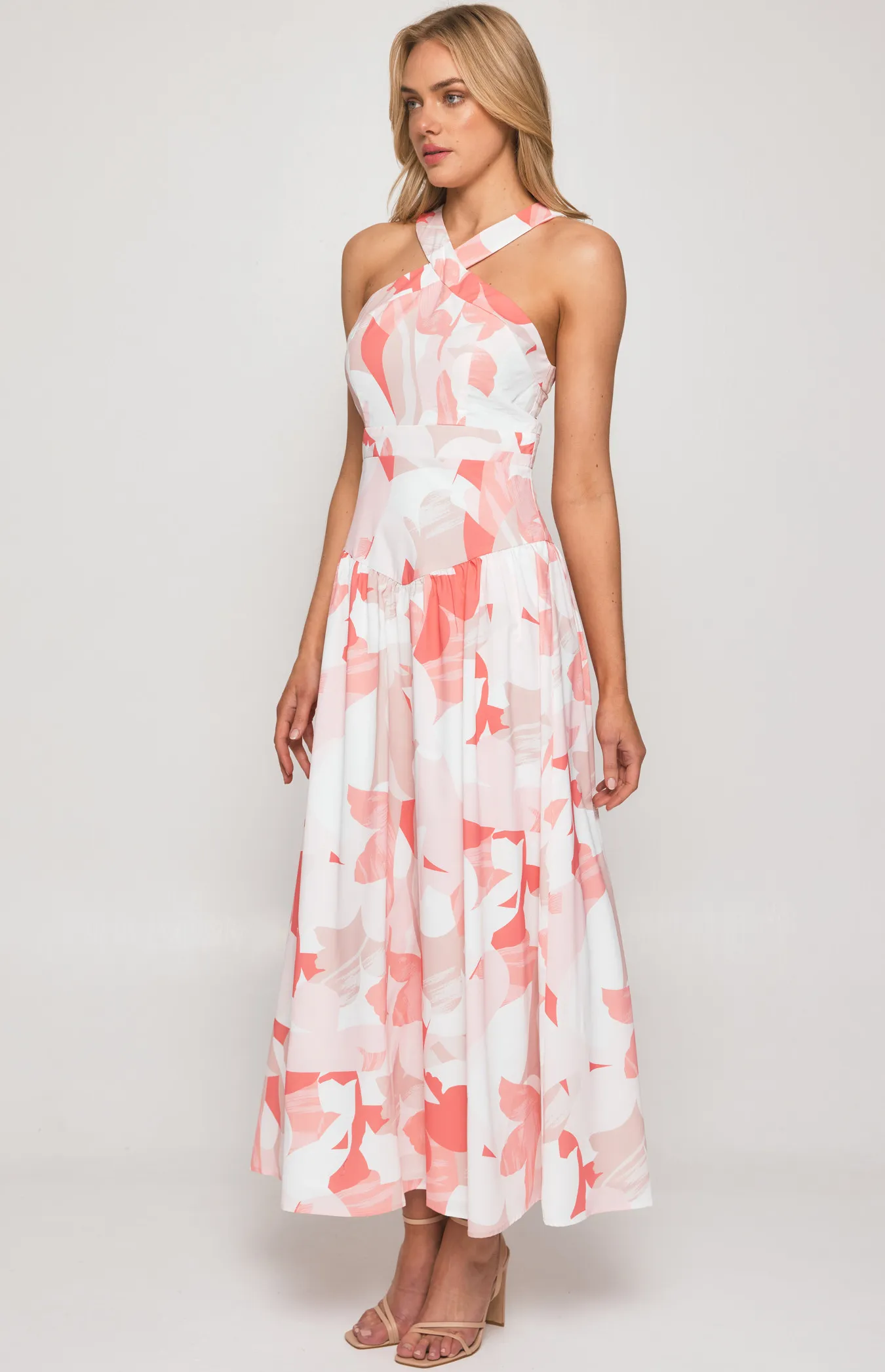 Abstract Print Halter Neckline Midi Dress with V Seam Detail (SDR1341B)