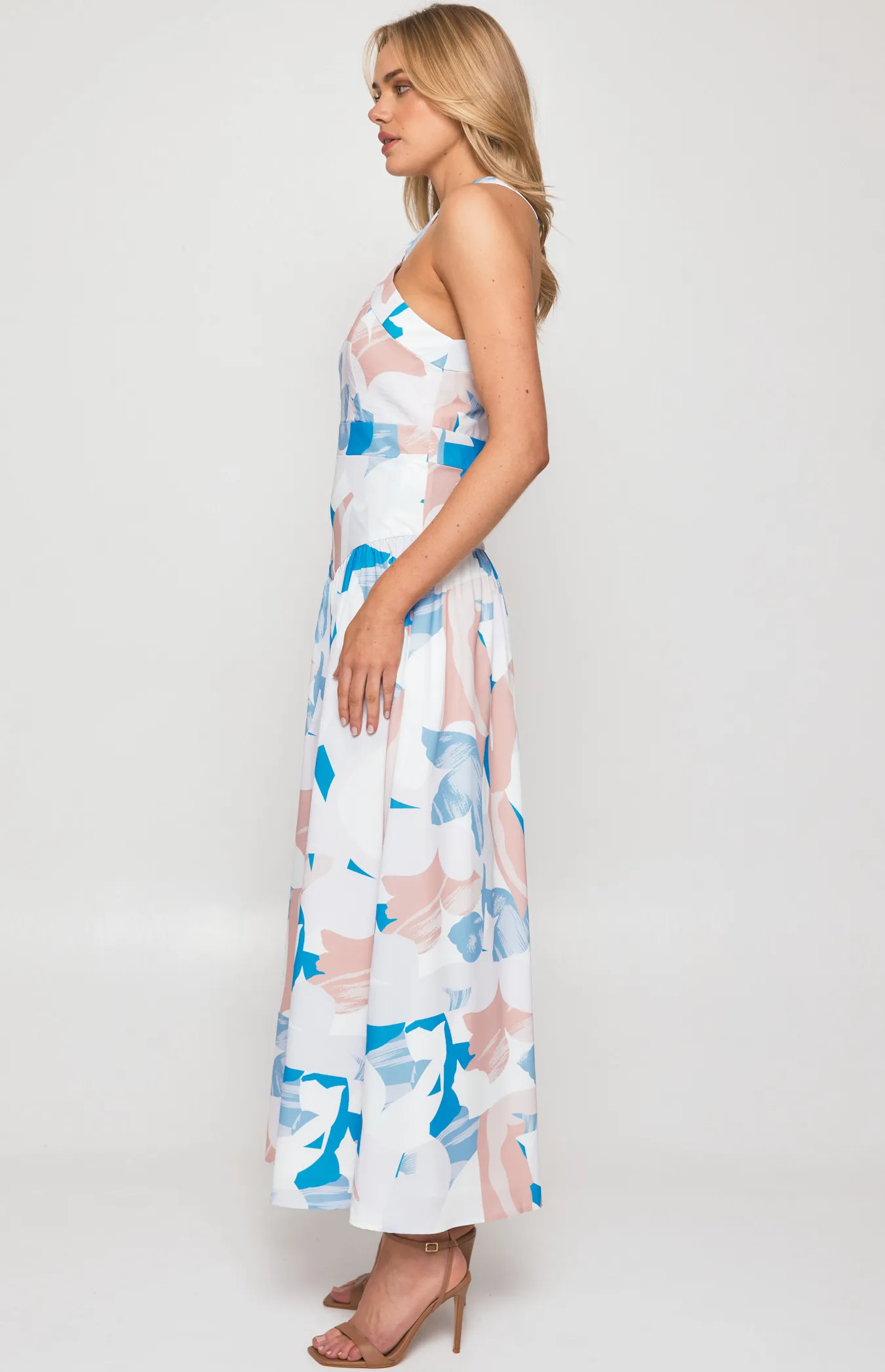 Abstract Print Halter Neckline Midi Dress with V Seam Detail (SDR1341B)