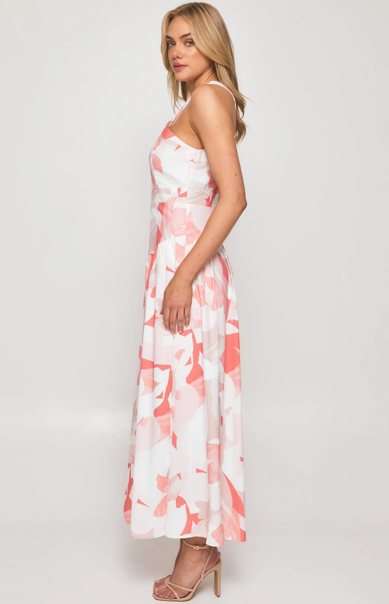 Abstract Print Halter Neckline Midi Dress with V Seam Detail (SDR1341B)