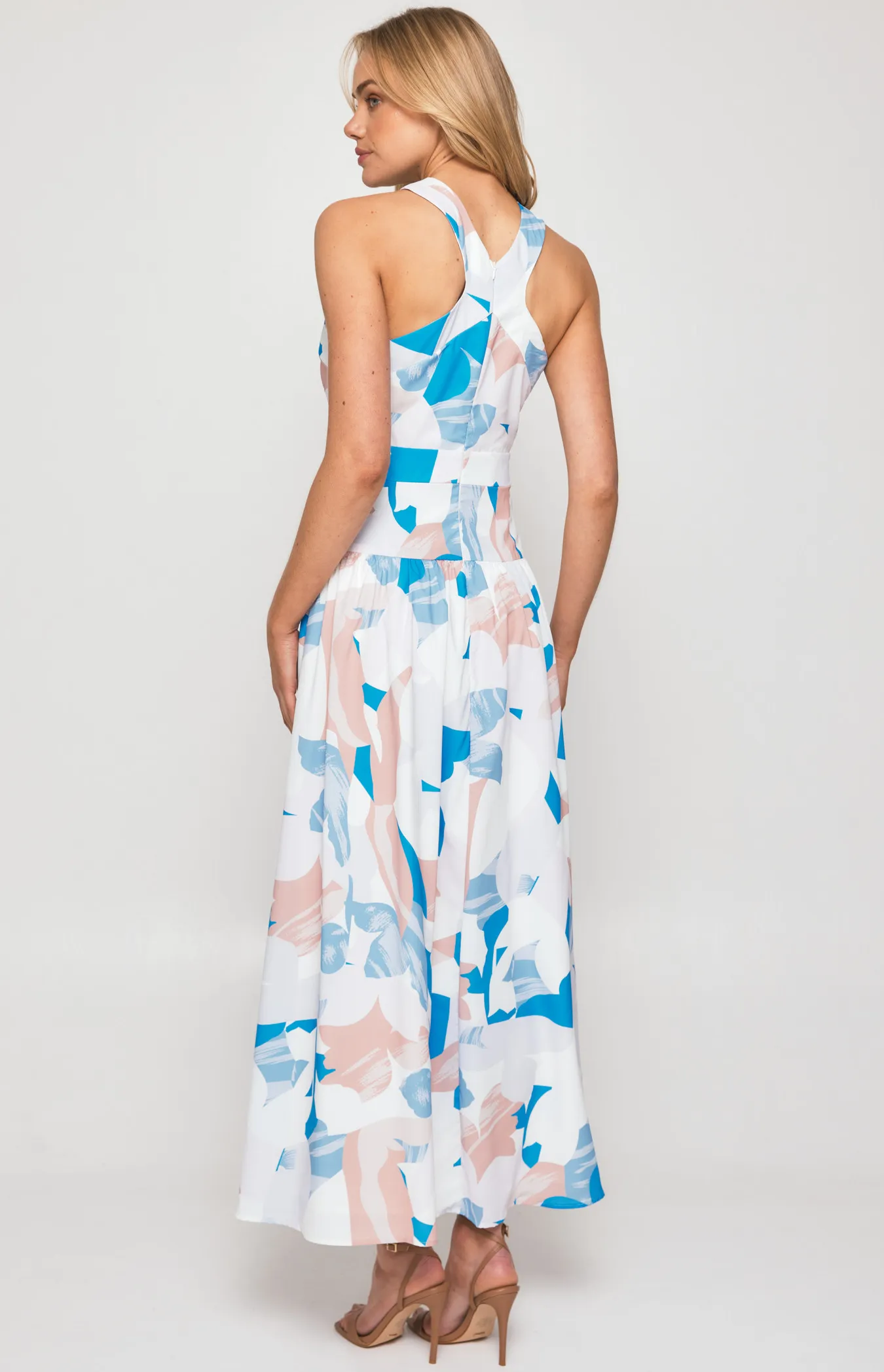 Abstract Print Halter Neckline Midi Dress with V Seam Detail (SDR1341B)