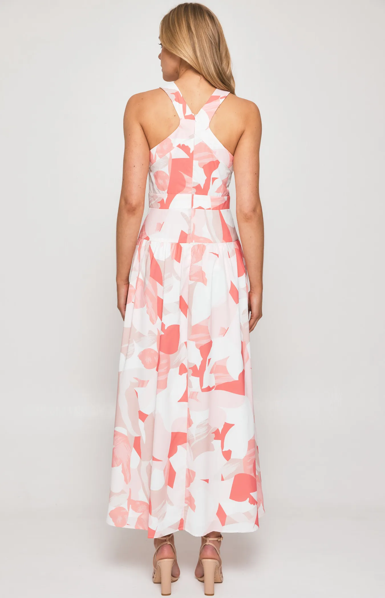 Abstract Print Halter Neckline Midi Dress with V Seam Detail (SDR1341B)