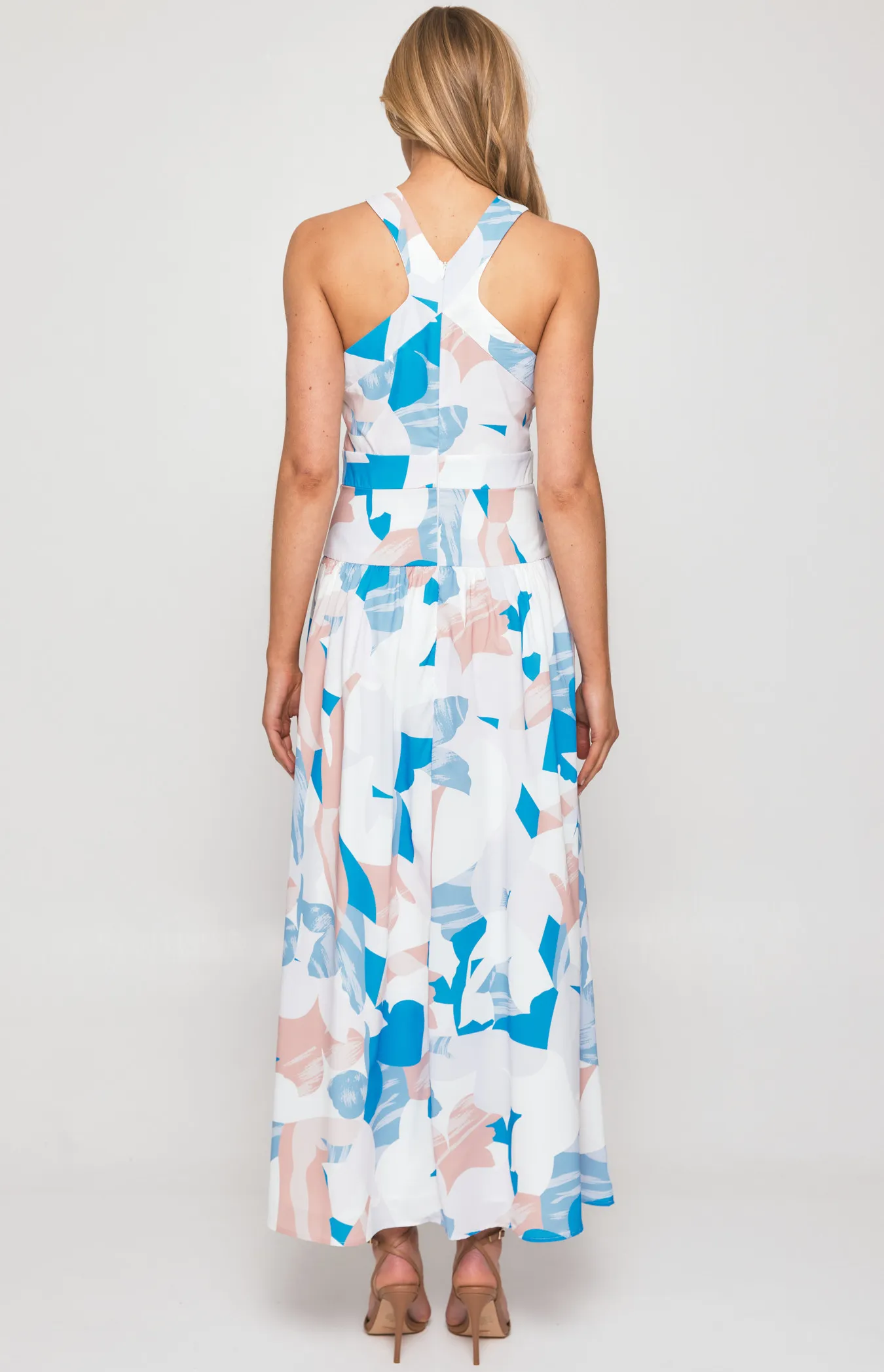 Abstract Print Halter Neckline Midi Dress with V Seam Detail (SDR1341B)