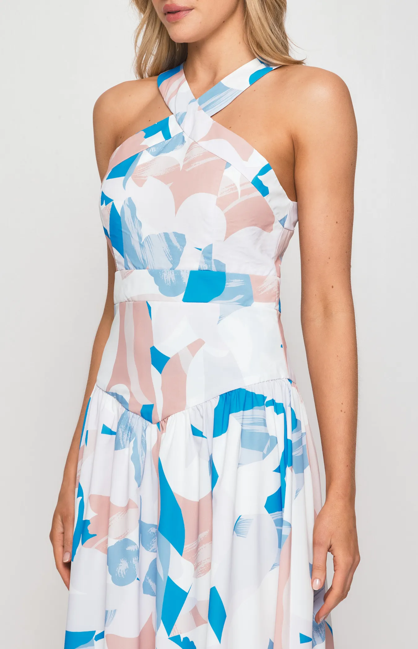 Abstract Print Halter Neckline Midi Dress with V Seam Detail (SDR1341B)