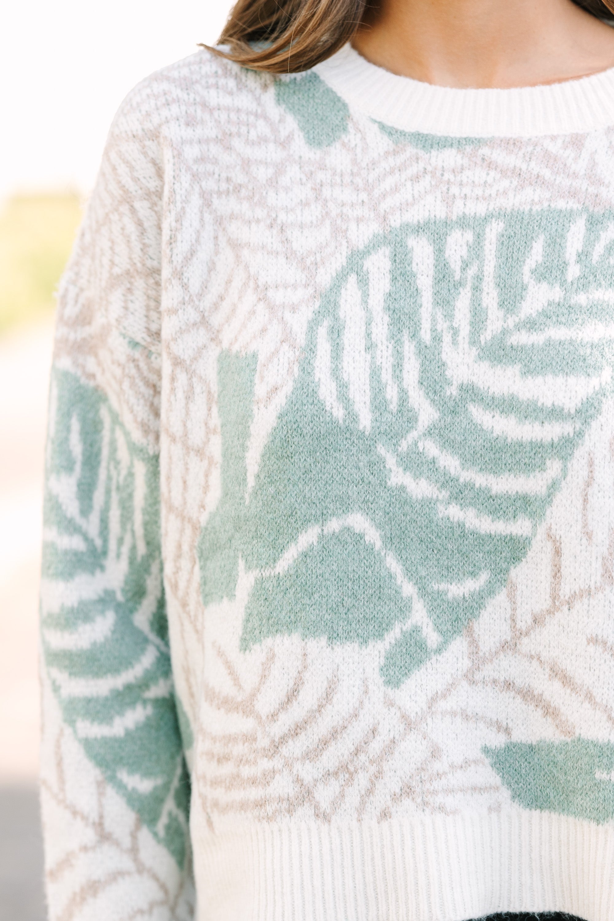 All In Love Sage Green Leaf Print Sweater