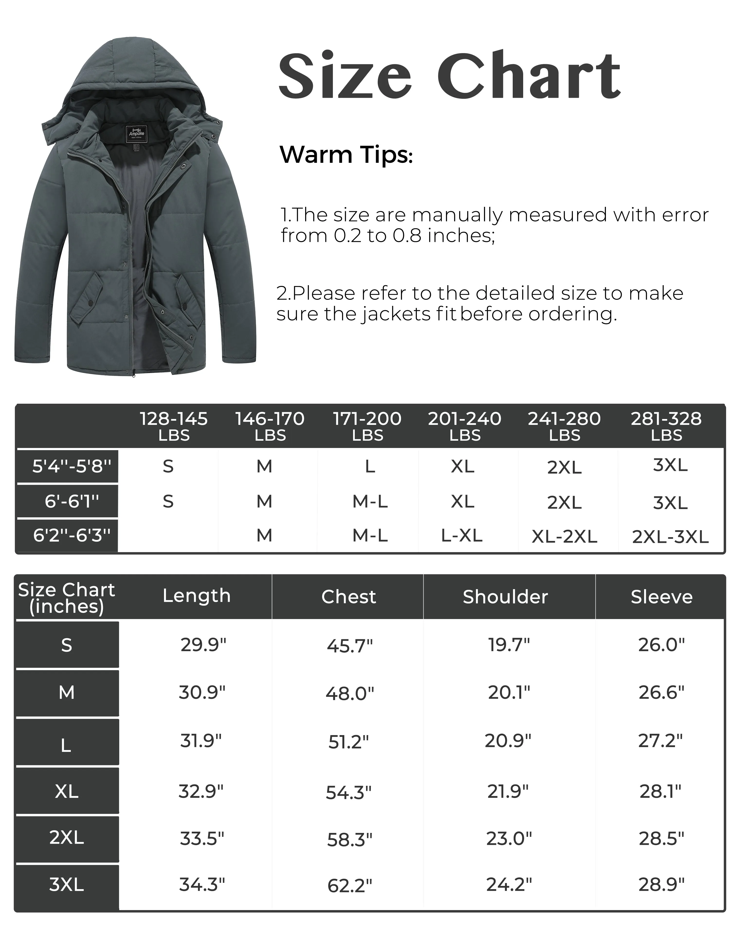 Ampake Men's Winter Coat Windproof Puffer Jacket with Hood