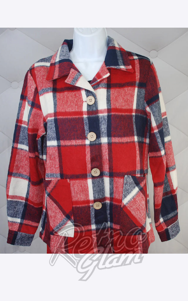 Astro Bettie 1940's Button Down Jacket in Red Plaid - 2XL left only