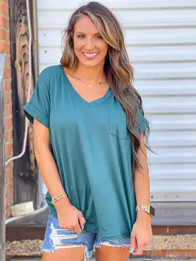 Basic V Neck Top - Hunter Green