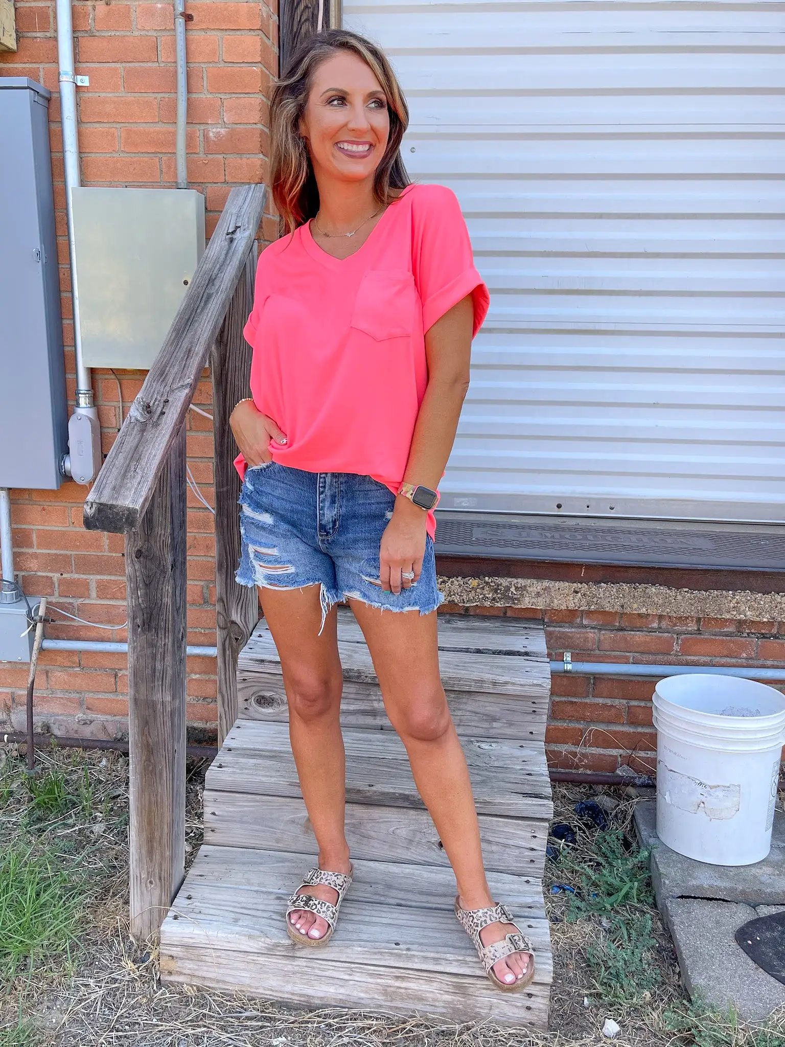 Basic V Neck Top - Neon Pink