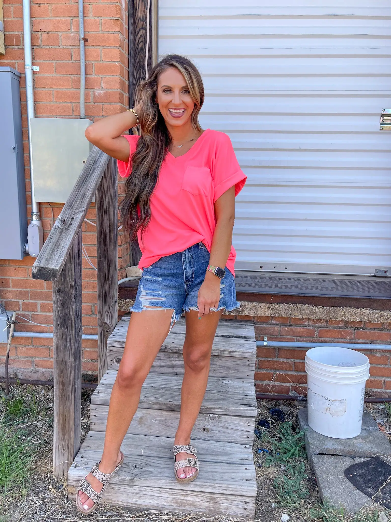 Basic V Neck Top - Neon Pink