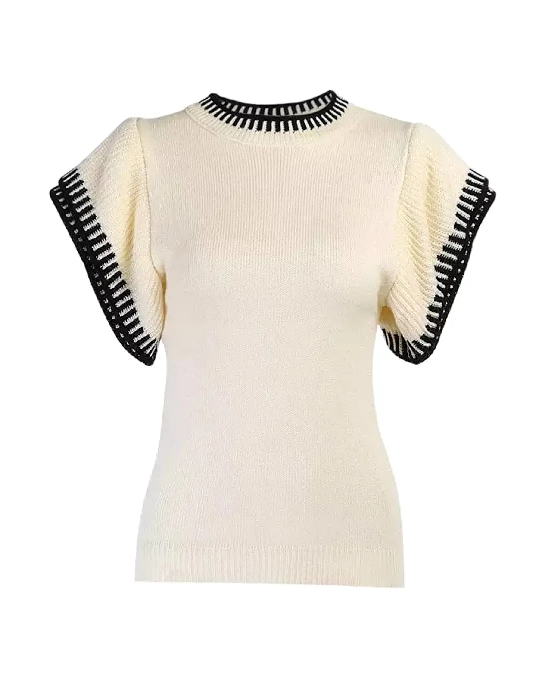 Beige Black Short Sleeve Knit Sweater