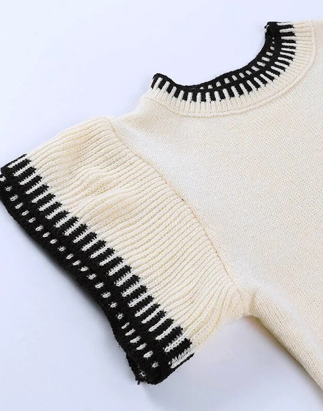 Beige Black Short Sleeve Knit Sweater