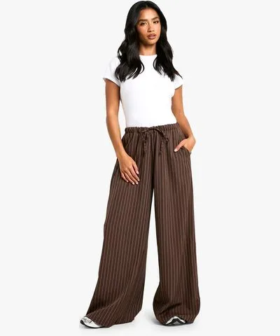 boohoo Womens Petite Drawstring Stripe Wide Leg Pants