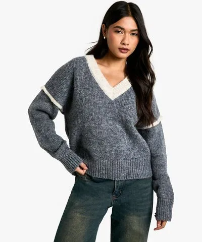 boohoo Womens Soft Knit Contrast Detail Knitted V Neck Sweater