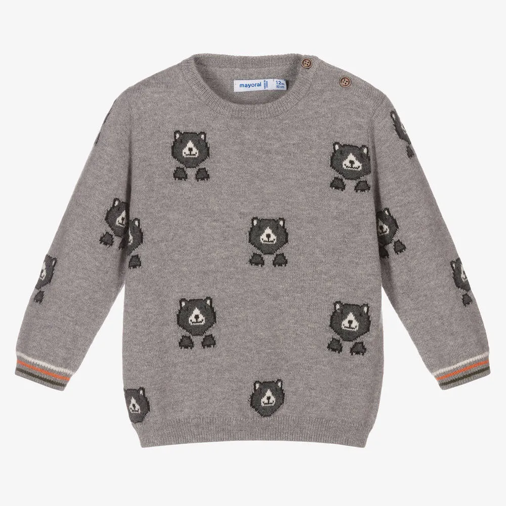 Boys Grey Bear Knit Sweater