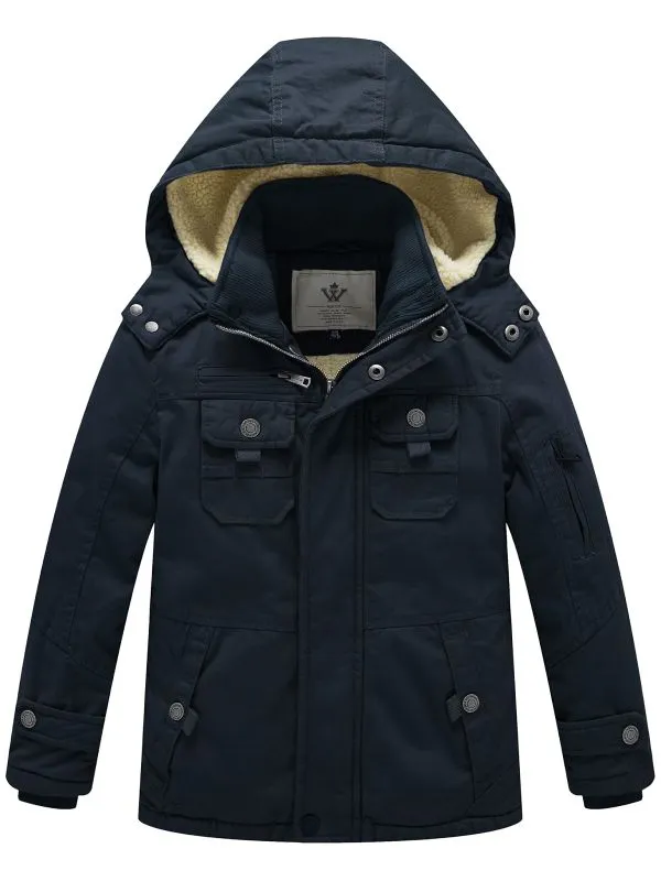 Boy's Winter Sherpa Jacket Heavy Twill Cotton Military Coat with Hood