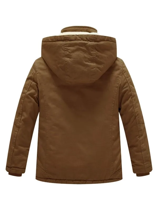 Boy's Winter Sherpa Jacket Heavy Twill Cotton Military Coat with Hood