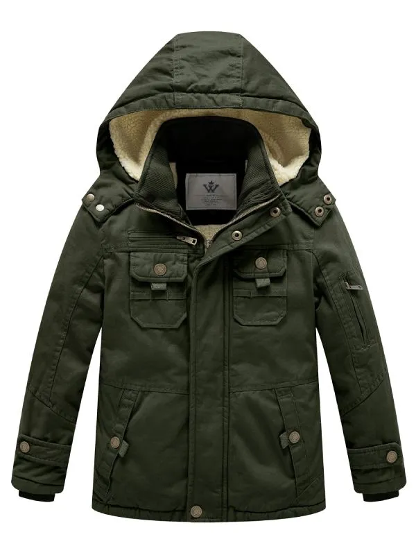 Boy's Winter Sherpa Jacket Heavy Twill Cotton Military Coat with Hood