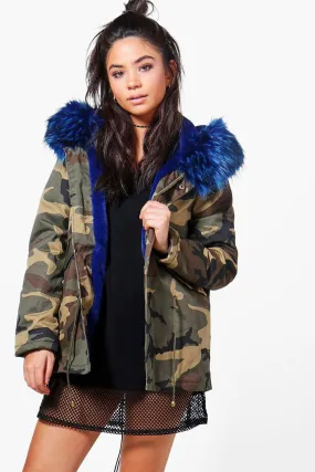 Charlotte Short Camo Faux Fur Lined Parka