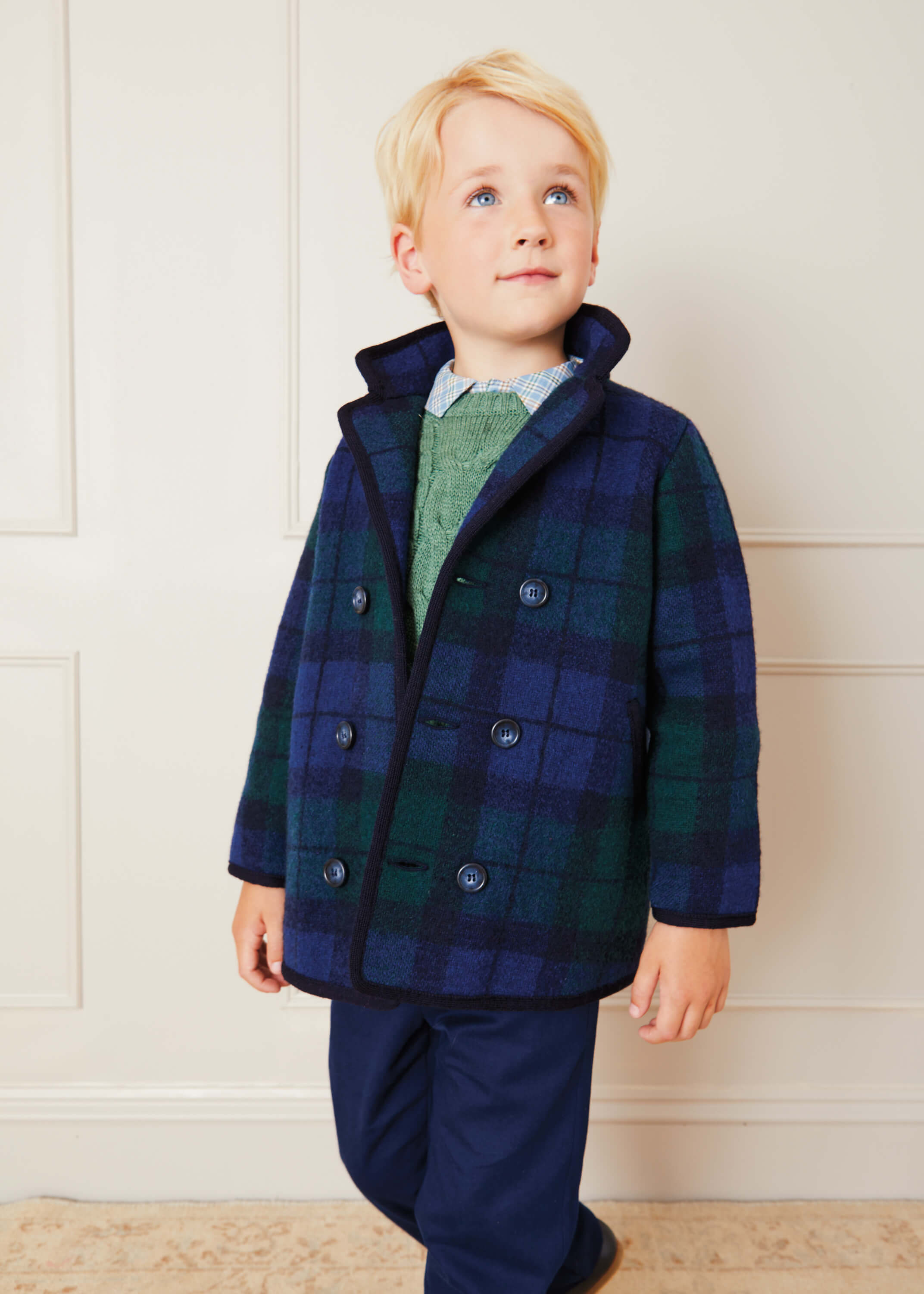 Check Double Breasted Coat In Navy (2-10yrs)