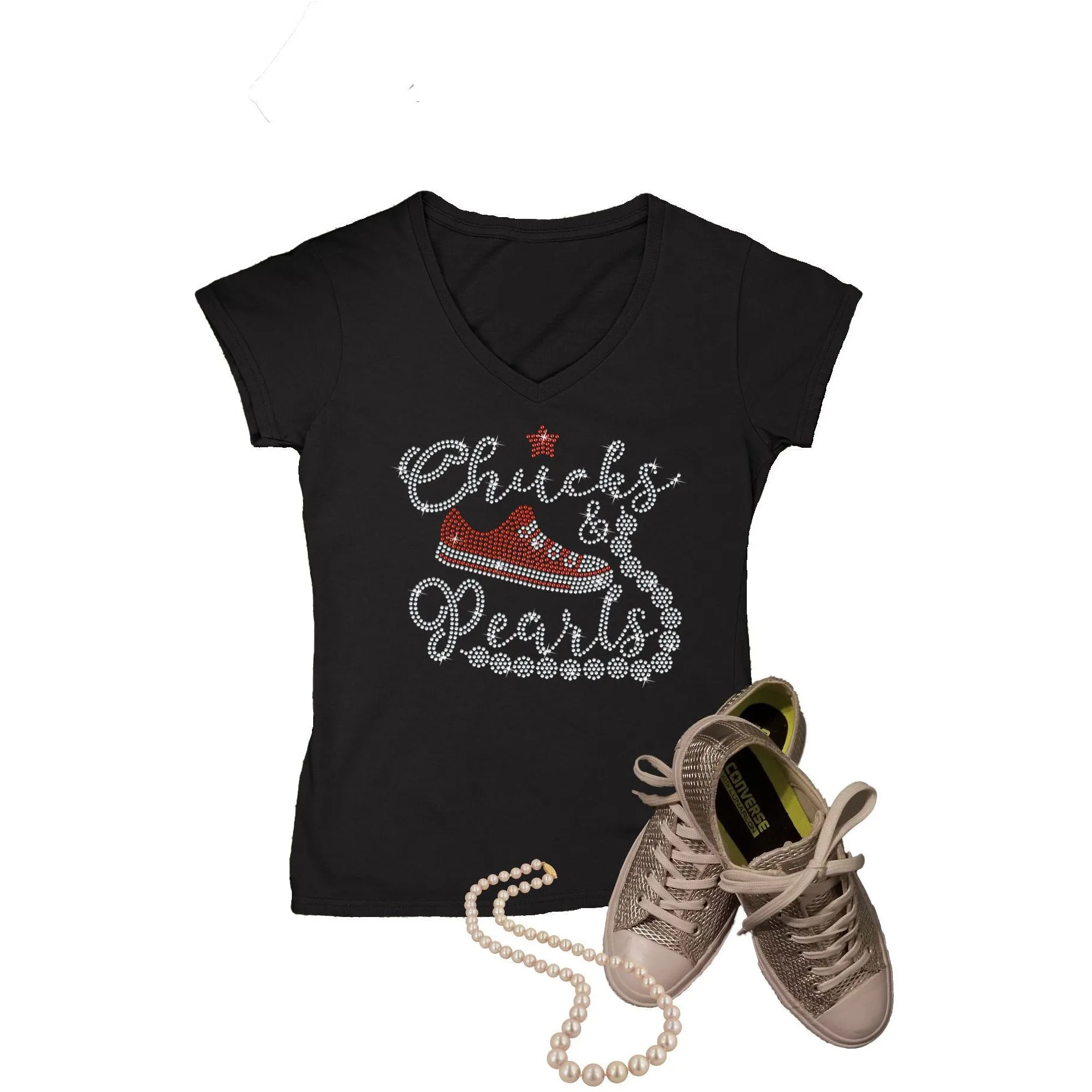 Chucks and Pearls Rhinestone Sneakers T-Shirt