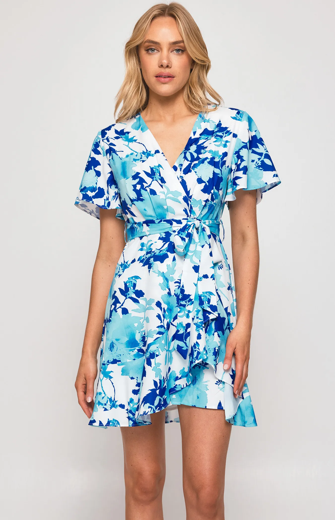 Contrast Floral Butterfly Sleeve Dress with Pleat Details (SDR596-3B)