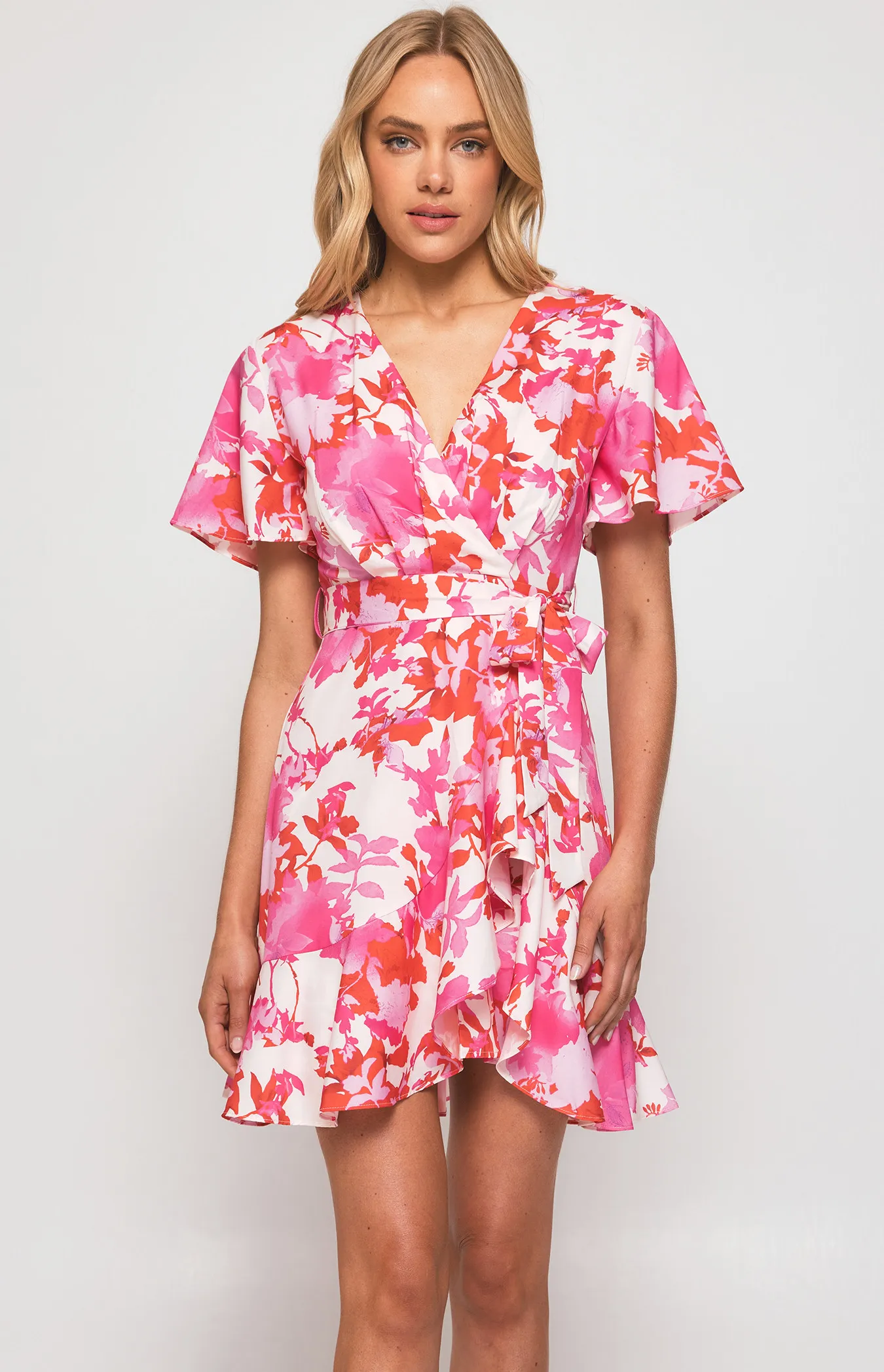 Contrast Floral Butterfly Sleeve Dress with Pleat Details (SDR596-3B)