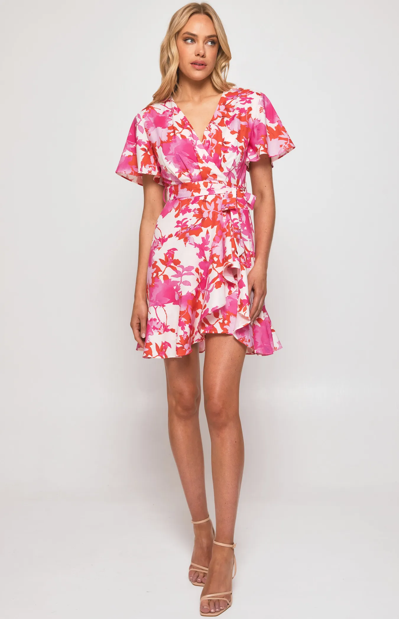 Contrast Floral Butterfly Sleeve Dress with Pleat Details (SDR596-3B)