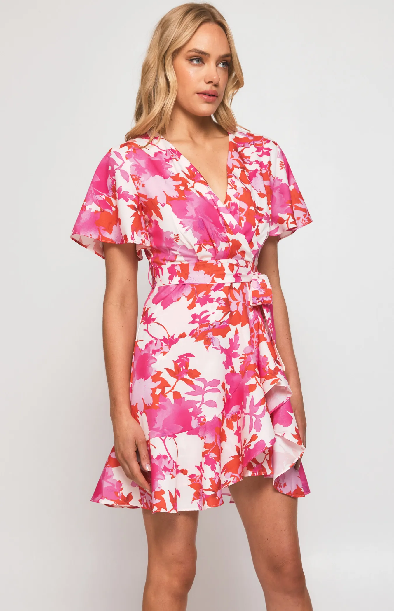 Contrast Floral Butterfly Sleeve Dress with Pleat Details (SDR596-3B)