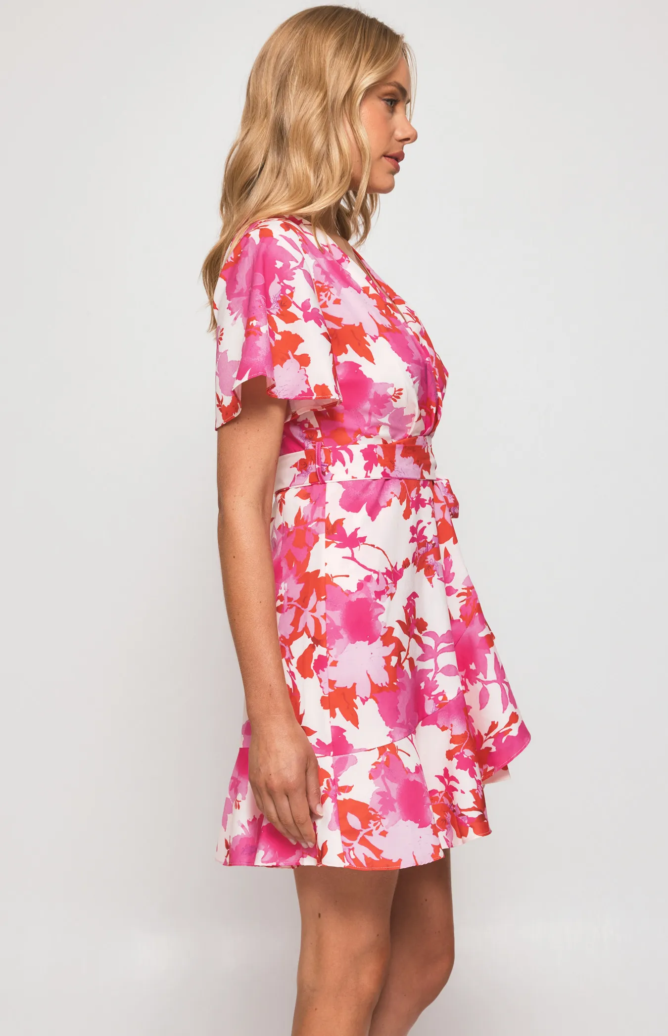 Contrast Floral Butterfly Sleeve Dress with Pleat Details (SDR596-3B)