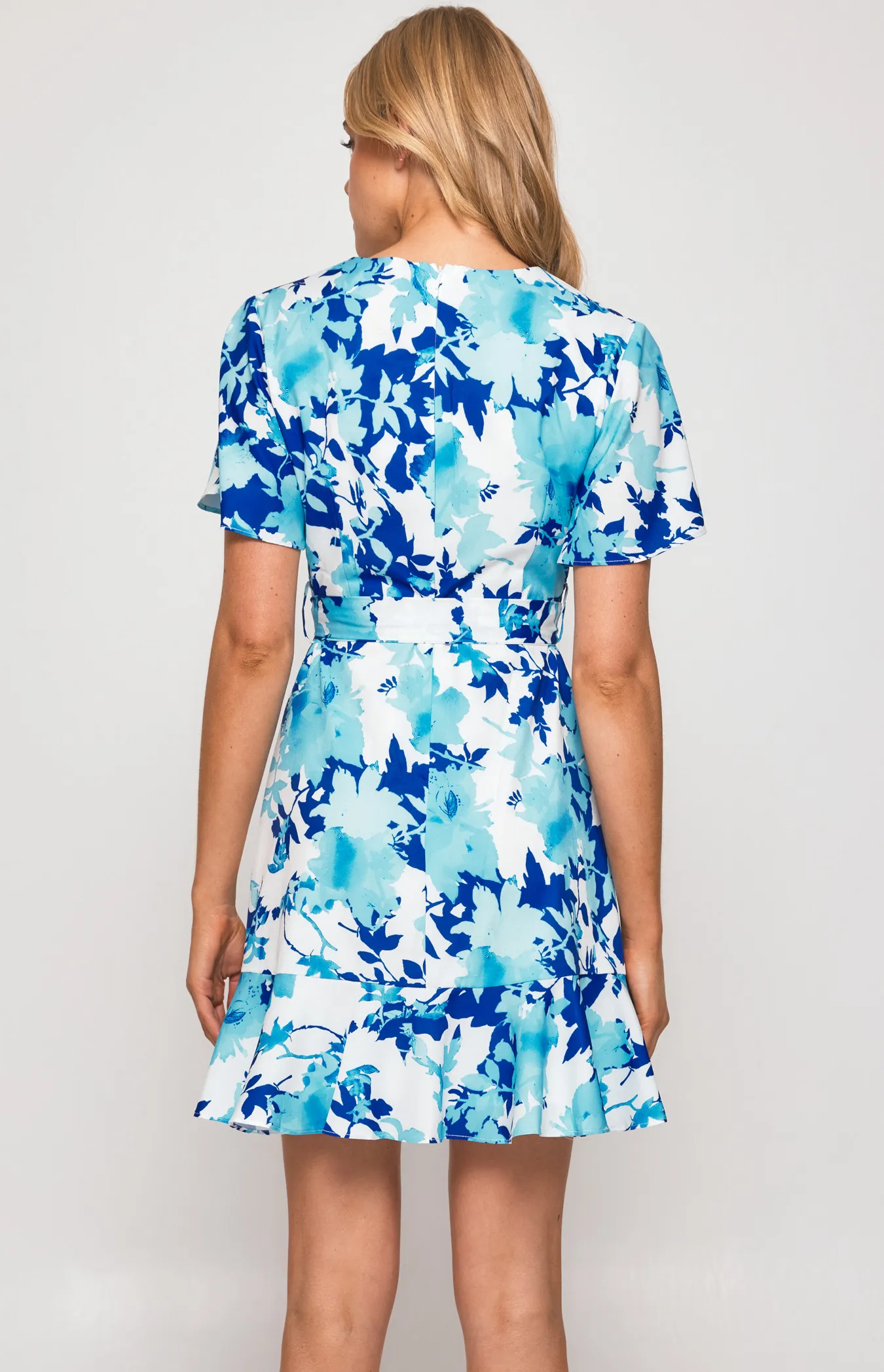 Contrast Floral Butterfly Sleeve Dress with Pleat Details (SDR596-3B)