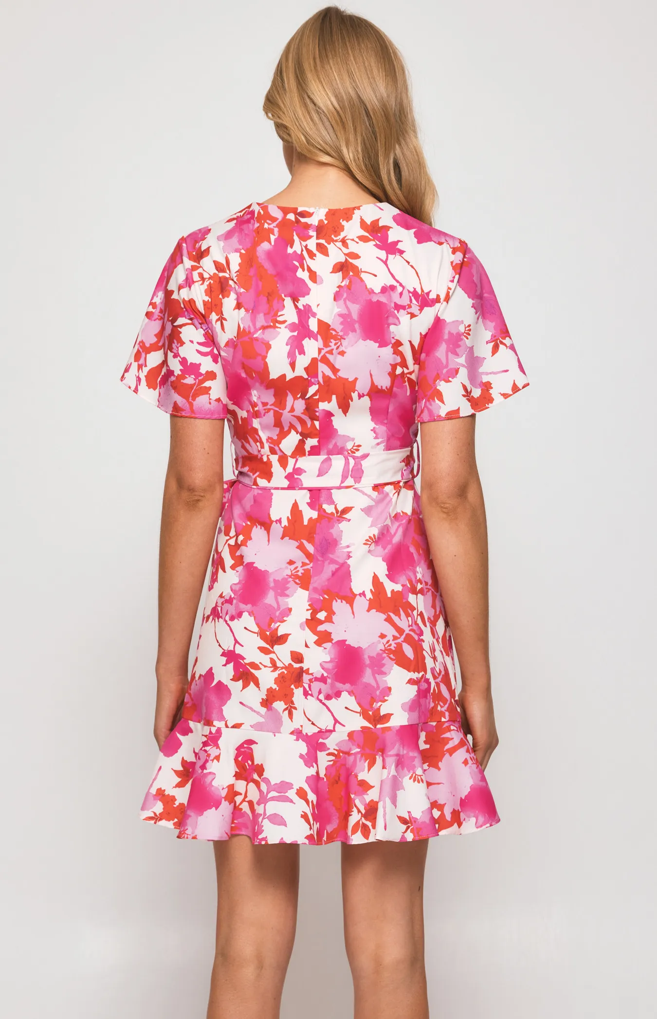 Contrast Floral Butterfly Sleeve Dress with Pleat Details (SDR596-3B)