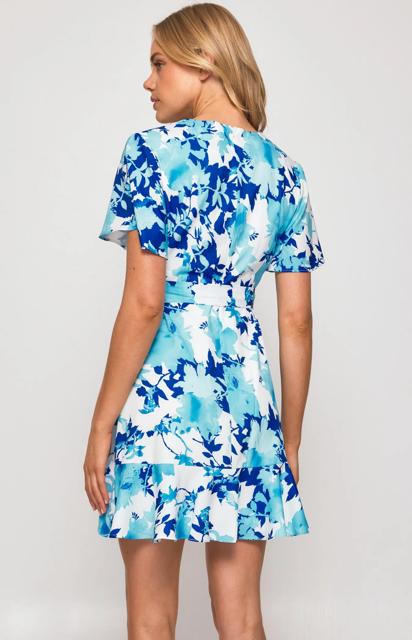 Contrast Floral Butterfly Sleeve Dress with Pleat Details (SDR596-3B)