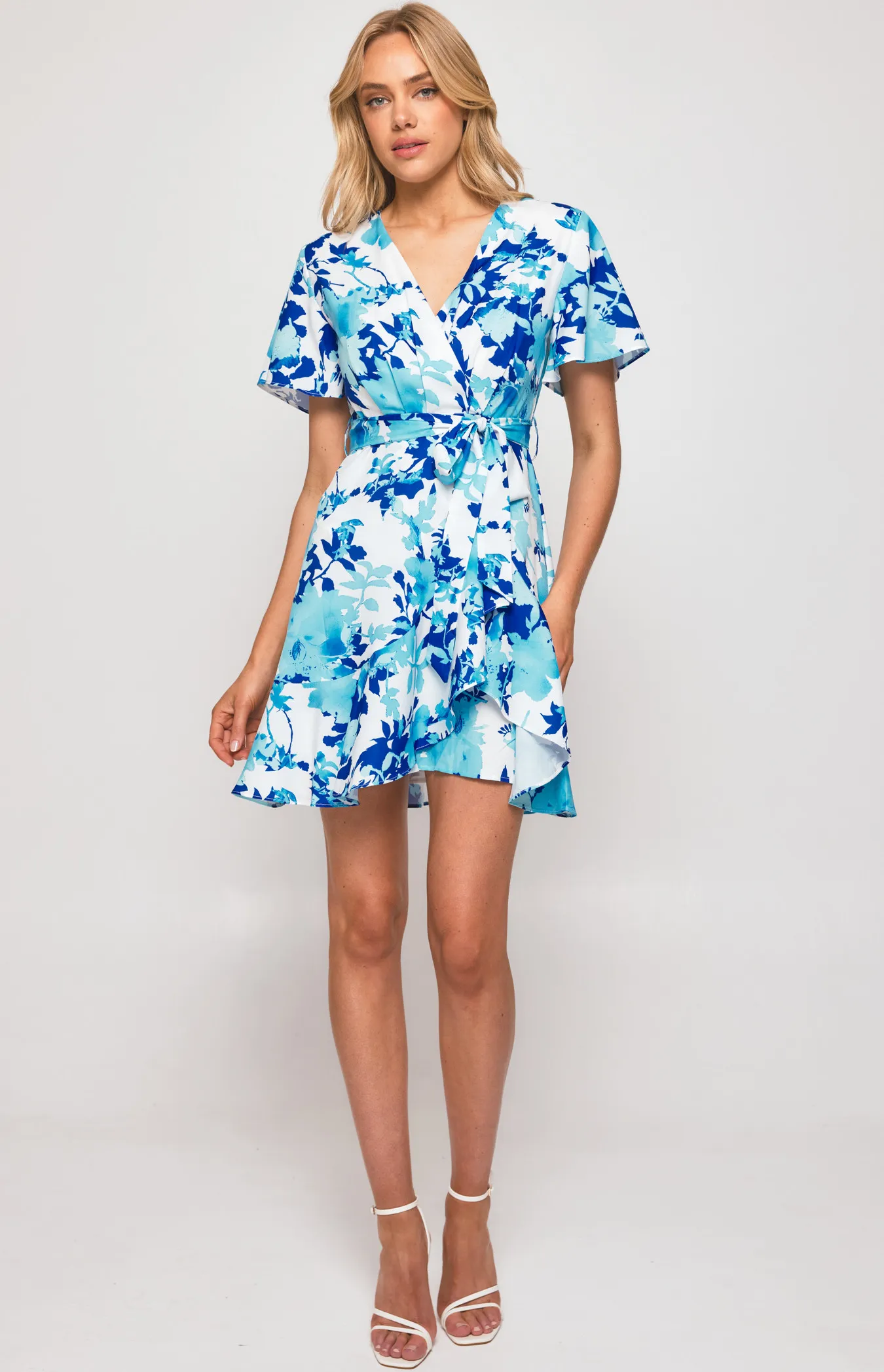 Contrast Floral Butterfly Sleeve Dress with Pleat Details (SDR596-3B)