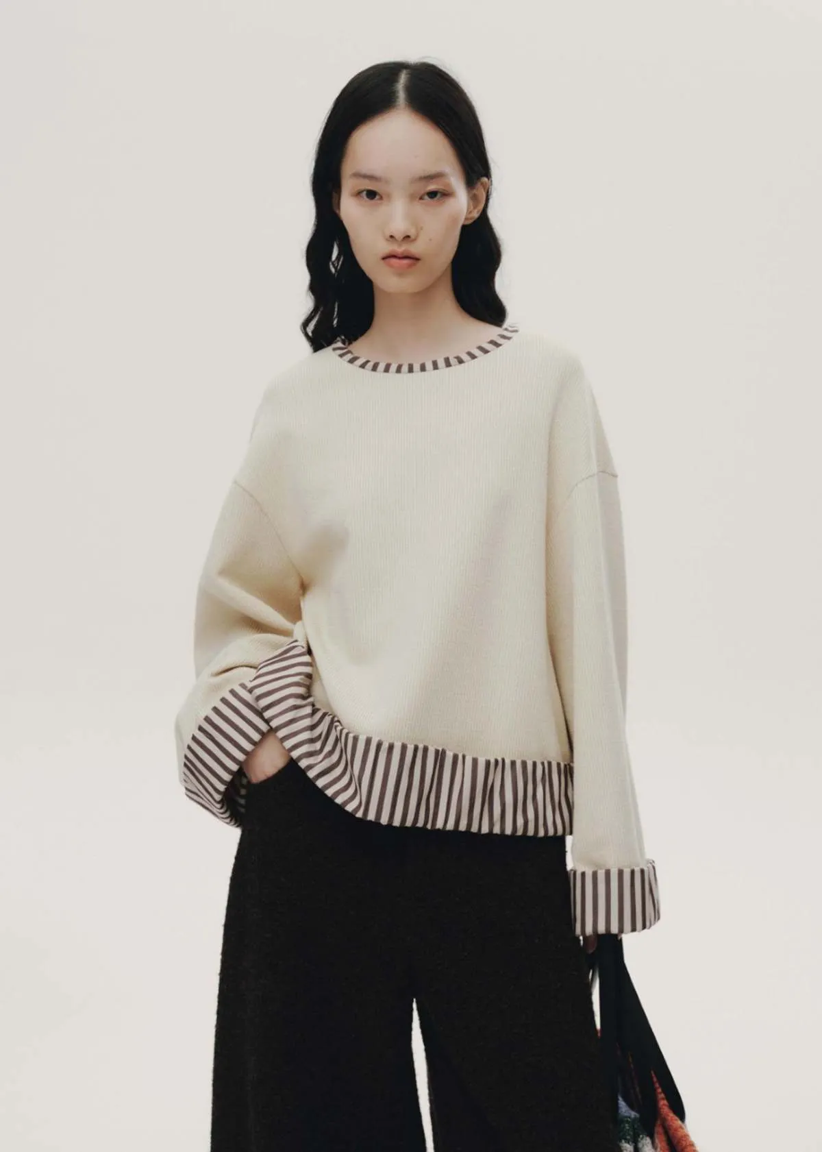 Cuff Crewneck Sweater - Beige Striped