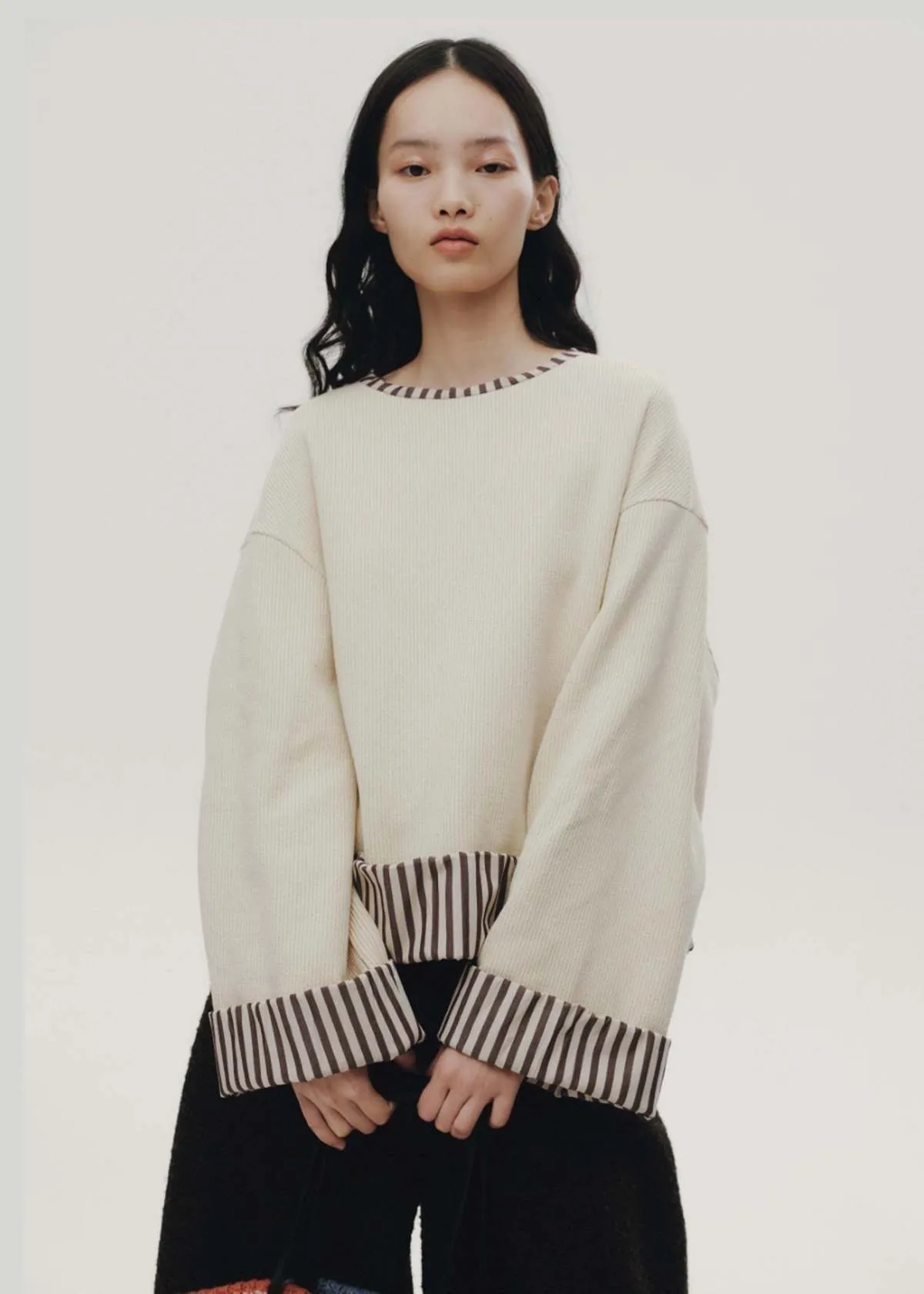 Cuff Crewneck Sweater - Beige Striped