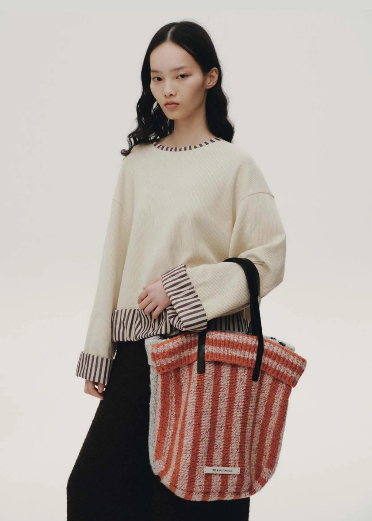 Cuff Crewneck Sweater - Beige Striped