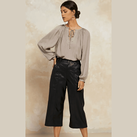 Current Air Vegan Leather Quilted Wide Leg  Cropped Pants in Black