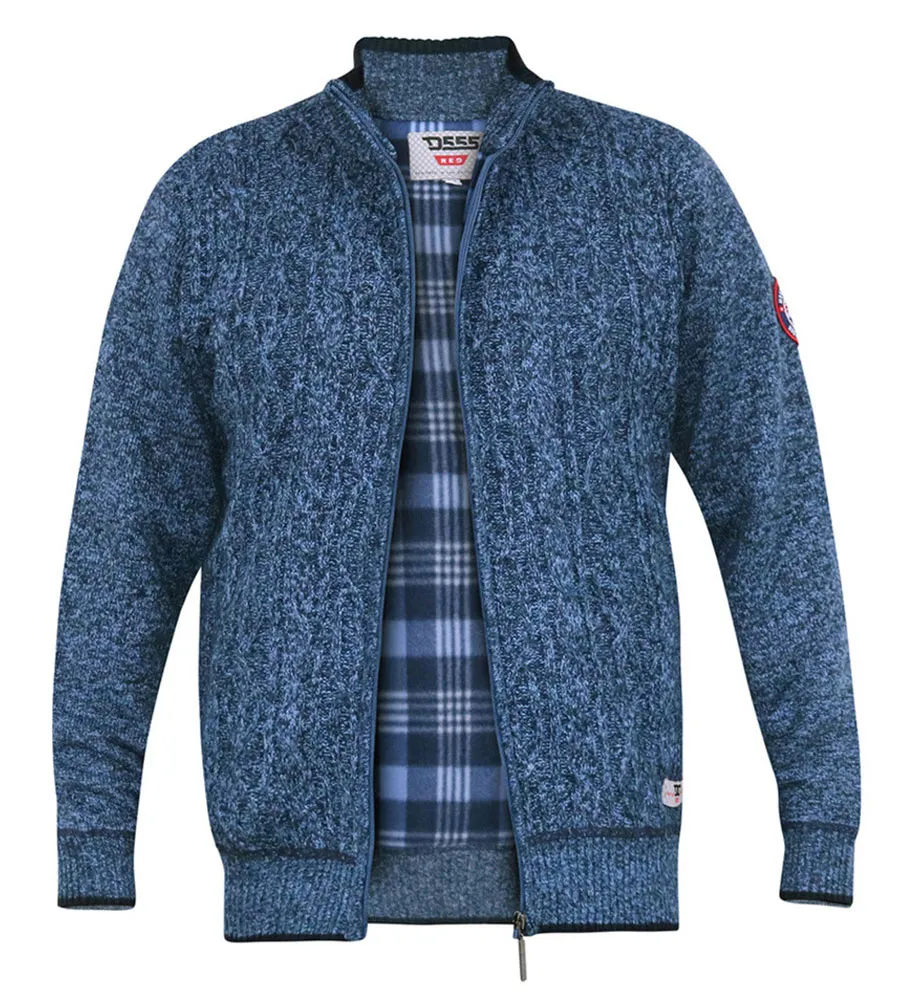 D555 Big Mens Blue Cable Knit Sweater With Zip and Bonded Check Lining (ECCLES)