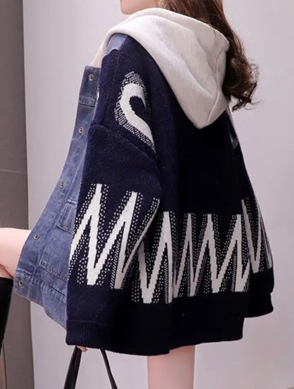 Denim Spliced Hooded Cardi