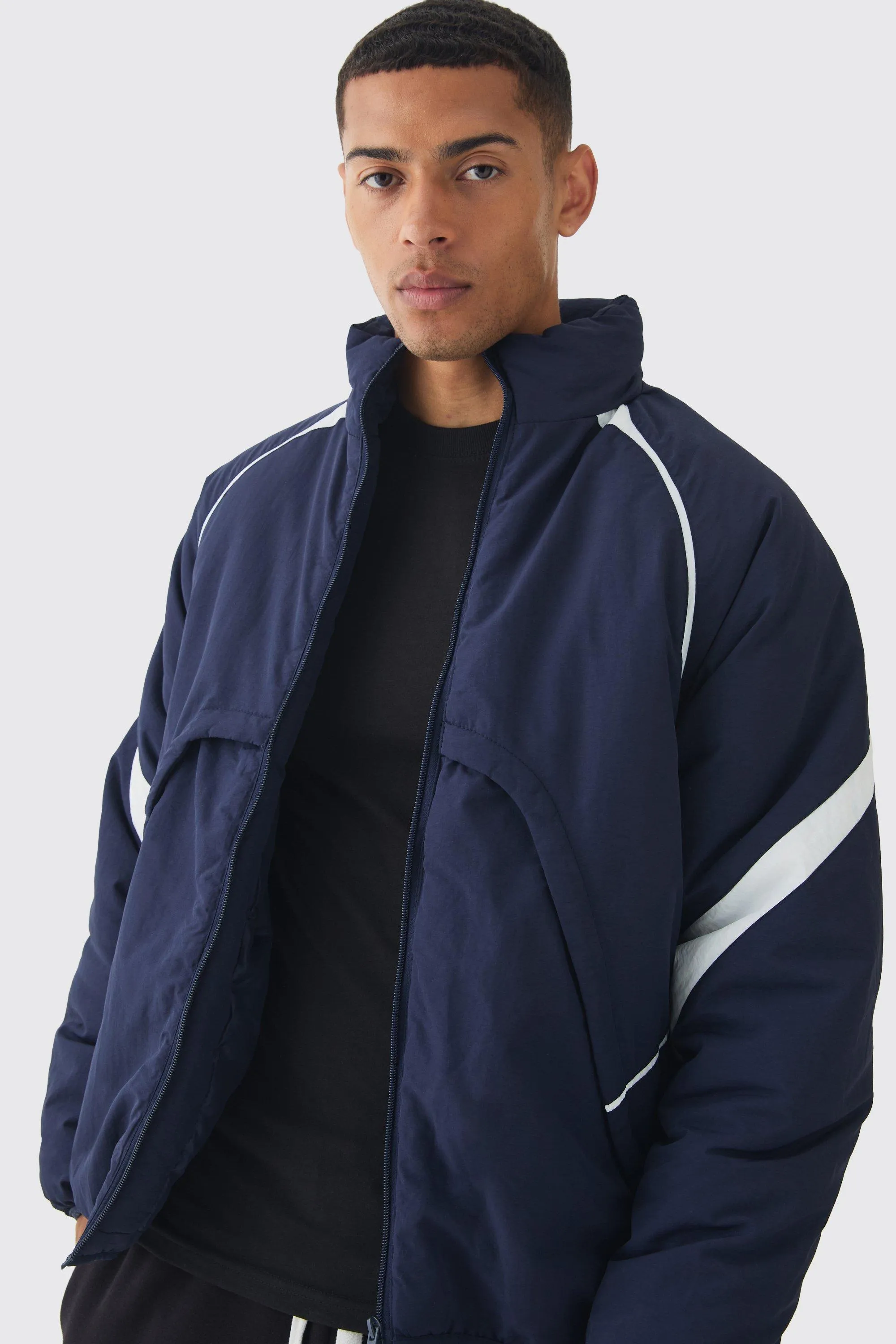 Faux Layer Funnel Neck Parka In Navy