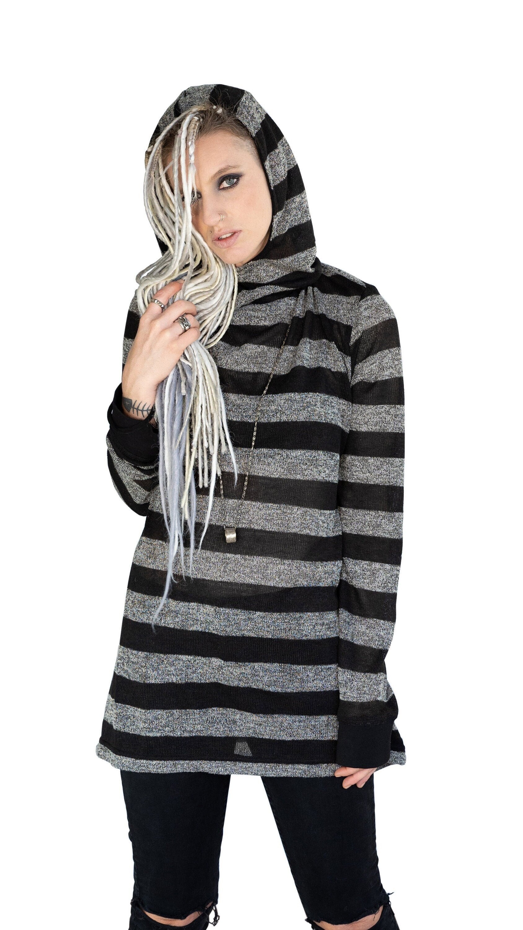 Gray black stripe long sleeve cowl hoodie knit top | Unisex