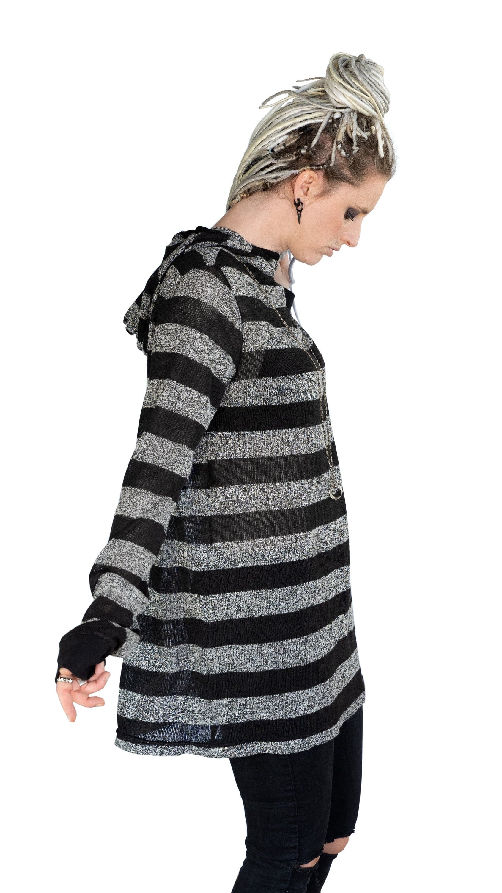 Gray black stripe long sleeve cowl hoodie knit top | Unisex